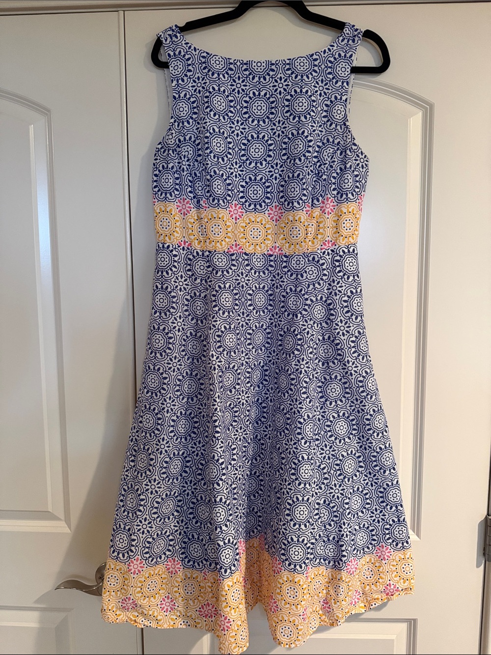 Boden Us size 8 lightweight cotton sundress high front neck v back blue azulejos